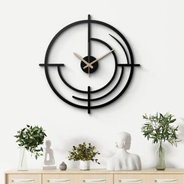 Geometrik Halkalı Modern Siyah Metal Duvar Saati