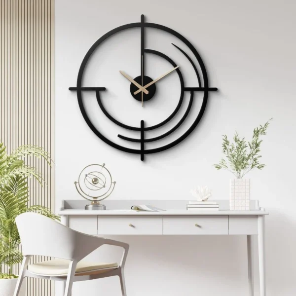 Geometrik Halkalı Modern Siyah Metal Duvar Saati